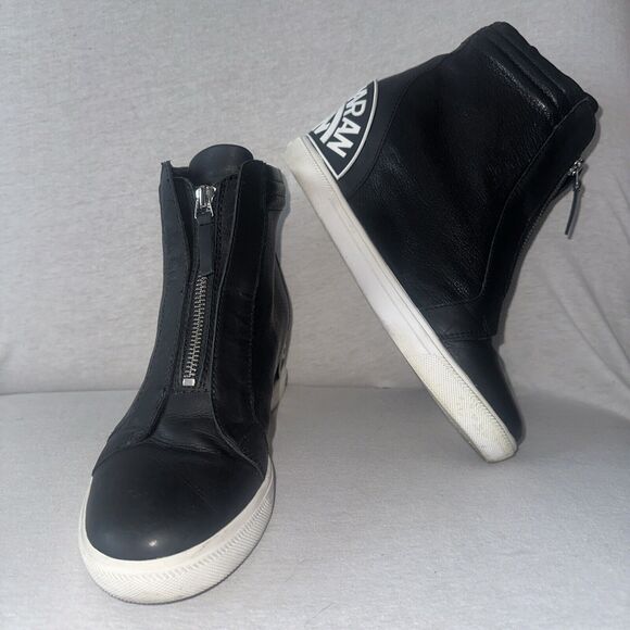 DKNY WOMENS Connie Black Leather Zip Up Slip On Wedge Size 10 EUC - Picture 1 of 8